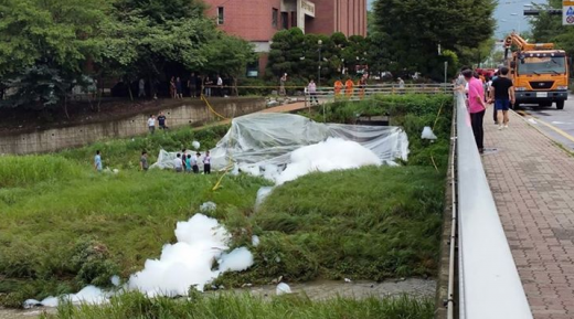 지난 29일 오후 경기도 하남시에서 거품으로 추정되는 물질이 발견됐다. /사진=하남시 페이스북 캡처