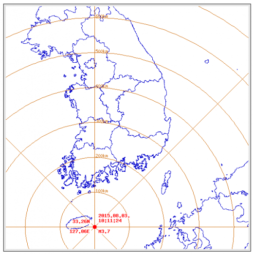 오늘(3일)  오전 10시 11분쯤 제주 서귀포시 성산 남동쪽 22km 해역에서 규모 3.7의 지진이 발생했다. /자료=기상청