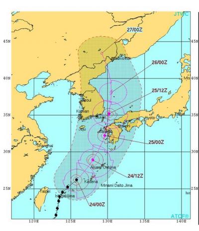 제15호 태풍 고니 예상경로. /자료=미국 태풍합동경보센터