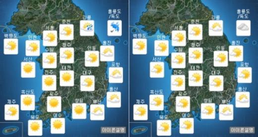 오늘(10일) 오전(왼쪽)·오후 날씨. /자료=기상청