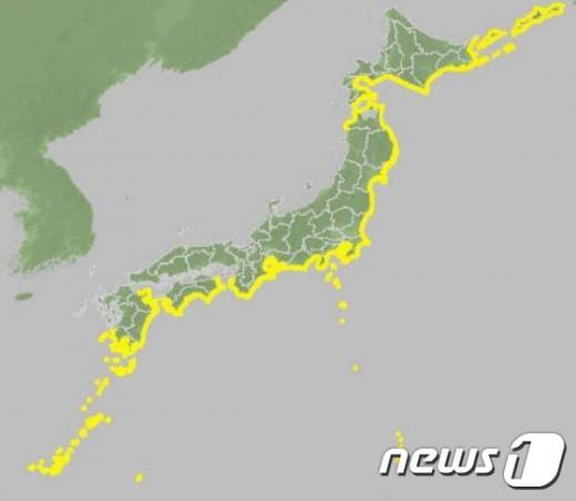 '칠레 지진' 노란 선이 쓰나미 주의보가 발령된 지역 /사진=뉴스1(야후 재팬 캡처)