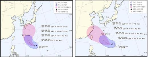 제21호 태풍 두쥐안의 지난 23일(왼쪽)과 24일 예상 경로 변화. /자료=기상청