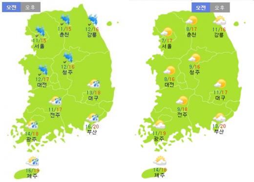 이번주 토요일(14일·왼쪽)과 일요일(15일) 날씨. /자료=기상청