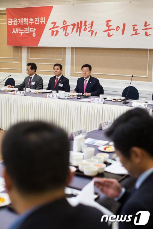 김광림 새누리당 금융개혁추진위원장이 27일 서울 여의도 국회 귀빈식당에서 열린 새누리당 금융개혁추진위원회 당정회의에서 모두발언을 하고 있다. /사진=뉴스1