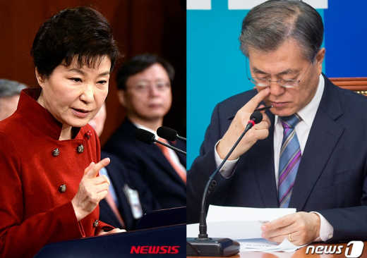 '근로자파견법' 박근혜 대통령(왼쪽)이 13일 오전 청와대 춘추관에서 대국민 담화 및 기자회견 중 취재진의 질문에 답하고 있다. 오른쪽은 더불어민주당 문재인 대표. /사진=뉴시스·뉴스1