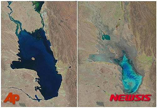 미국지질조사국(USGS)인공위성이 포착한 볼리비아 포포 호수의 모습. 왼쪽은 1986년10월11일에 찍었고, 오른쪽은 지난 16일(현지시간)에 찍은 것이다. /사진=뉴시스