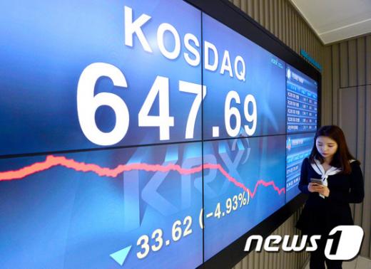 지난 11일 오후 서울 영등포구 여의도 증권거래소 전광판 코스닥 지수가 전날 대비 33.62포인트(4.93%) 하락한 647.69를 기록하고 있다. /사진=뉴스1
