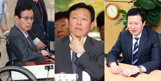 롯데그룹 신격호 총괄회장(왼쪽), 신동빈 회장(가운데), 신동주 전 롯데홀딩스 부회장(오른쪽)/사진=머니위크DB