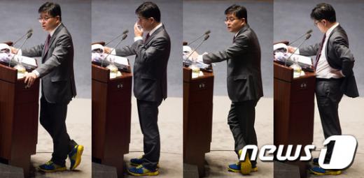 박원석 정의당 의원이 지난 24일 국회 본회의장에서 테러방지법의 본회의 의결을 막기 위한 필리버스터(무제한 토론을 통한 합법적 의사진행 방해)를 9시간29분 동안 했다. /사진=뉴스1 유승관 기자