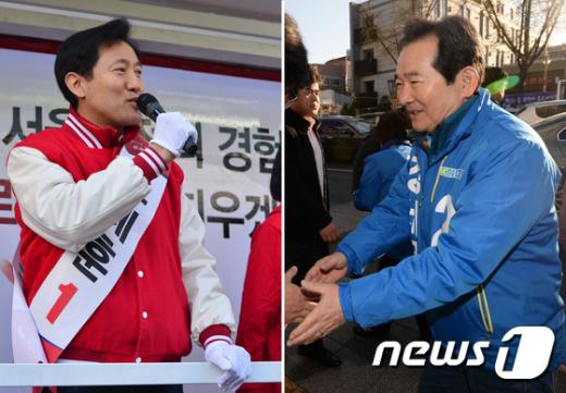 지난 4일 오전 서울 종로구 일대에서 이 지역구에 출마한 새누리당 오세훈 후보(왼쪽)와 더불어민주당 정세균 후보가 출근길 시민들과 만나 지지를 호소하고 있다. /사진=뉴스1