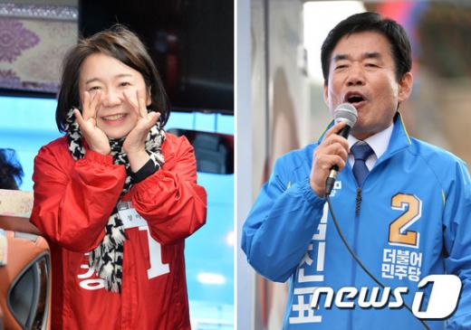 정미경(수원무) 새누리당 후보(왼쪽)와 김진표 더불어민주당 후보가 지난 4일 경기도 수원시 권선구, 팔달구 일대에서 시민들에게 지지를 호소하고 있다. /사진=뉴스1 이재명 기자