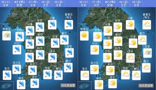 7일 오전(왼쪽), 오후 날씨. /자료=기상청