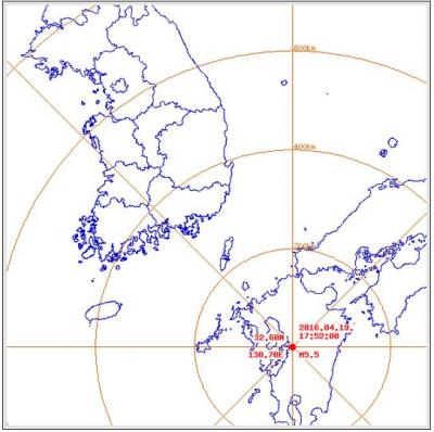 4월 19일 17시 52분 일본 구마모토 남쪽 23km 지역에서 발생한 규모 5.5 지진. /자료=기상청(일본기상청 분석결과)