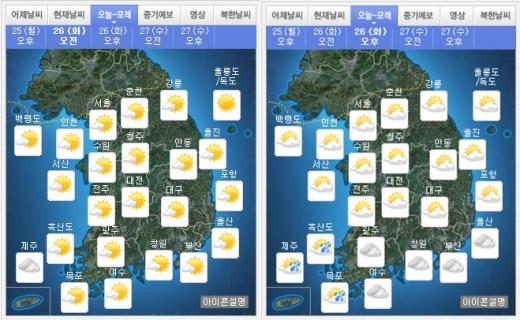 내일(26일) 오전(왼쪽), 오후 날씨. /자료=기상청
