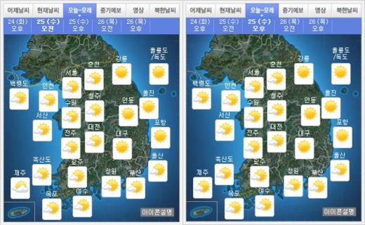 오늘(27일) 오전(왼쪽), 오후 날씨. /자료=기상청