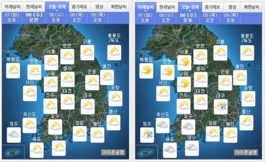 내일(8일) 오전(왼쪽), 오후 날씨. /자료=기상청