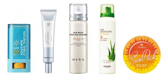 (왼쪽부터) A.H.C ‘내추럴 쉴드 선스틱 SPF50+ PA+++’, 땡큐파머 ‘선 프로젝트 라이트 선 에센스 SPF50+ PA+++’,헤라 ‘선 메이트 쿨링 무스 SPF50+ PA+++’, 스킨푸드 ‘알로에 쿨링 선 소프트 무스 SPF50+ PA+++’, 끌레드벨 ‘선 팩 SPF50+ PA+++’