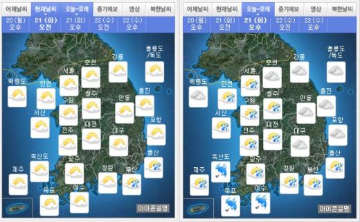 오늘(21일) 오전(왼쪽), 오후 날씨. /자료=기상청