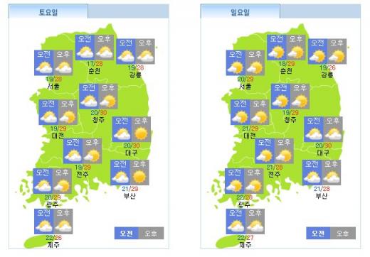 주말날씨. 왼쪽부터 25(토)일, 26(일)일 날씨. /자료=기상청