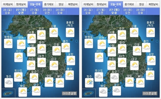 27일 오전, 오후 날씨. /자료=기상청