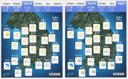 내일(28일) 오전(왼쪽), 오후 날씨. /자료=기상청