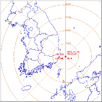 울산 지진. 2016년 7월 5일 오후 8시 33분 03초 울산 동구 동쪽 52km 해역에서 발생한 규모 5.0 지진. /자료=기상청