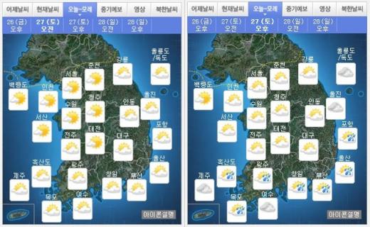 오늘 날씨. 오전(왼쪽), 오후 날씨.  /자료=기상청