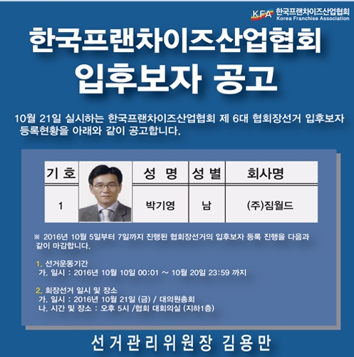 한국프랜차이즈산업협회 6대 협회장, 박기영 짐월드 대표 단독 입후보 출마