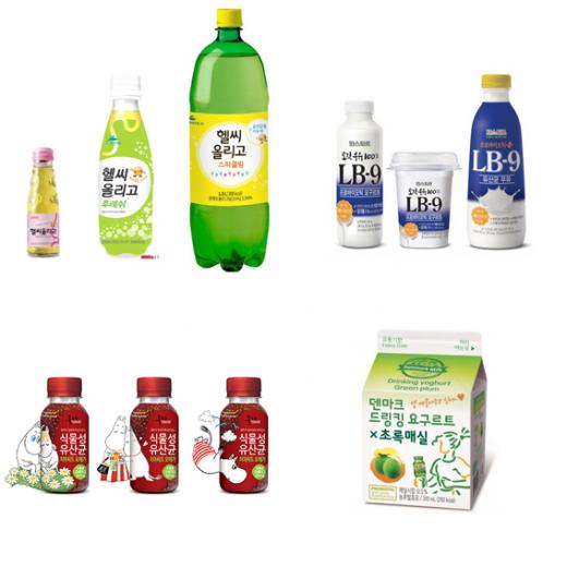 ▲왼쪽 상단부터 시계 방향 순서대로 현대약품의 ‘헬씨올리고’, ‘롯데푸드 파스퇴르의 ‘LB-9 요구르트’, 동원F&B의 ‘덴마크 드링킹 요구르트 초록매실’, 풀무원프로바이오의 ‘식물성유산균 치아씨드 오메갗 @머니S MNB, 식품 유통 · 프랜차이즈 외식 & 창업의 모든 것