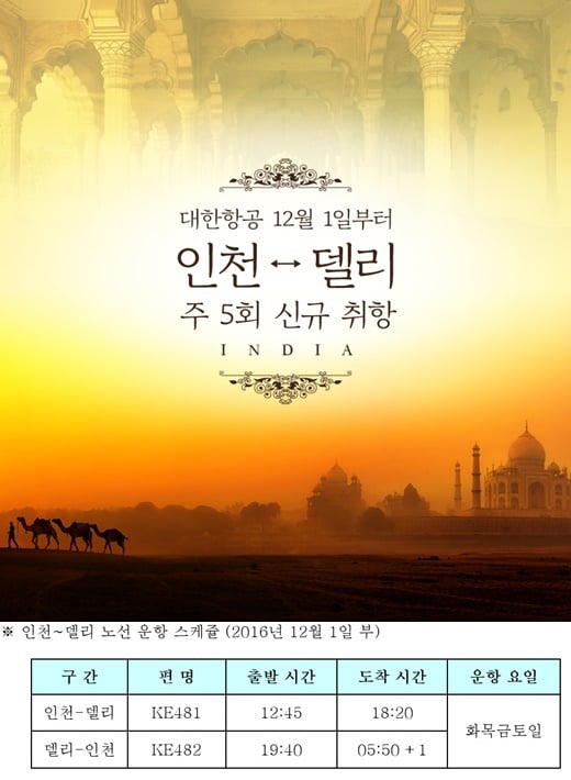 대한항공, 12월 인도 델리 신규취항… 주5회 정기편 운항