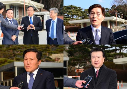 17일 오후 충남 천안시 관세국경관리연수원에서 서울 시내 신규 면세점 사업자 선정 프레젠테이션을 마친 대표들이 취재진의 질문에 답변 중이다.(왼쪽위부터 시계방향) 한인규 호텔신라 사장, 이동호 현대백화점 부회장, 성영목 신세계디에프 대표, 문종훈 SK네트웍스 대표./사진=뉴시스DB
