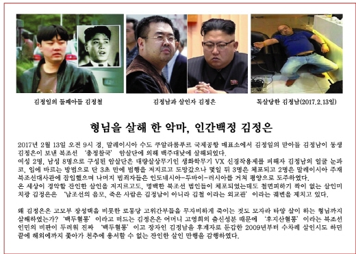 <그것이 알고싶다>가 4일 방송에서 김정남 암살 사건 미스터리를 다룬다. 사진은 자유북한운동연합이 이달 중순부터 살포 예정인 김정남 암살 규탄 대북전단. /사진=자유북한운동연합 