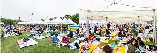 잔디밭에서 그림 그리기에 열중하고 있는 아이들 모습. /사진=현대백화점