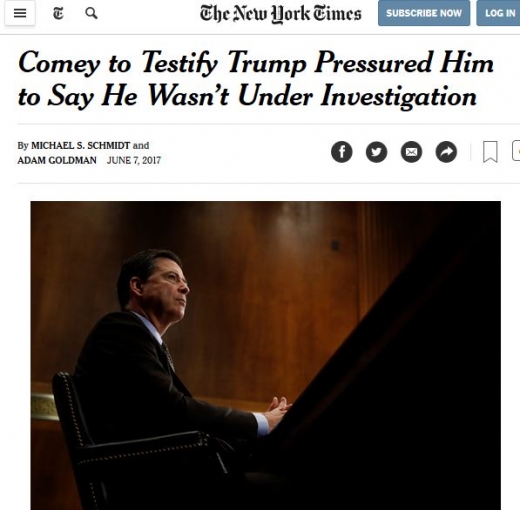 코미 전 FBI 국장이 트럼프가 러시아 관련 수사중단을 요구한 사실을 공식 인정했다. /사진=미국 뉴욕타임즈 캡처
