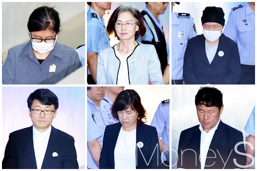 최순실씨 국정농단 사건 관련 첫 판결이 23일 나왔다. 왼쪽 위부터 시계방향으로 최순실씨, 최경희 전 이화여대 총장, 김경숙 전 신산업융합대학장, 남궁곤 전 입학처장, 이인숙 교수, 류철균 교수. /사진=임한별 기자