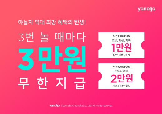 [호텔가] 야놀자, '3회 이용 3만원 쿠폰' 무한 증정