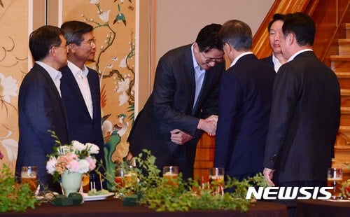 지난 28일 청와대 간담회에 참석해 문재인 대통령과 인사하고 있는 조원태 대한항공 사장. /사진=뉴시스 전신 기자