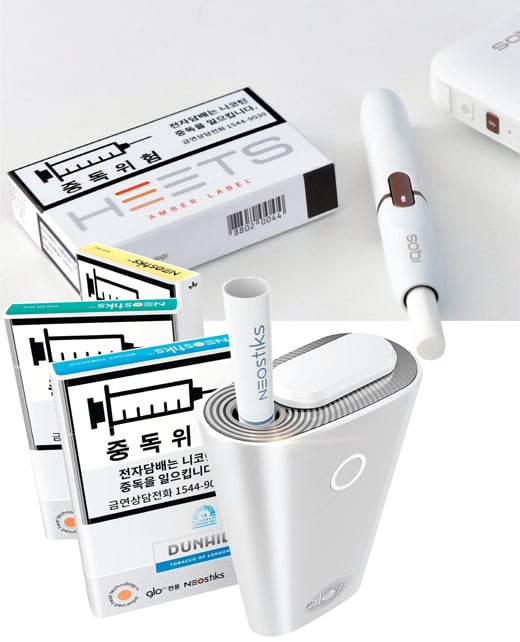 (위쪽부터)한국필립모리스 아이코스와 전용궐련 히츠, BAT코리아 글로와 전용궐련 네오스틱. /사진제공=각 사