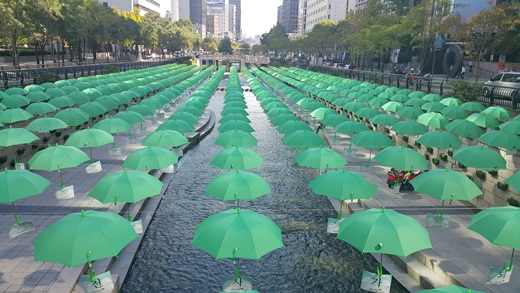 29일 오후 서울 종로구 서린동 청계천 일대에 초록우산어린이재단에서 준비한 초록우산이 후원자의 이름과 함께 걸려있다. /사진=허주열 기자