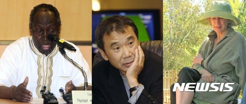 왼쪽부터 케냐 소설가 응구기 와 시옹오,  일본 소설가 무라카미 하루키, 캐나다 소설가 마거릿 애트우드. /자료사진=뉴시스