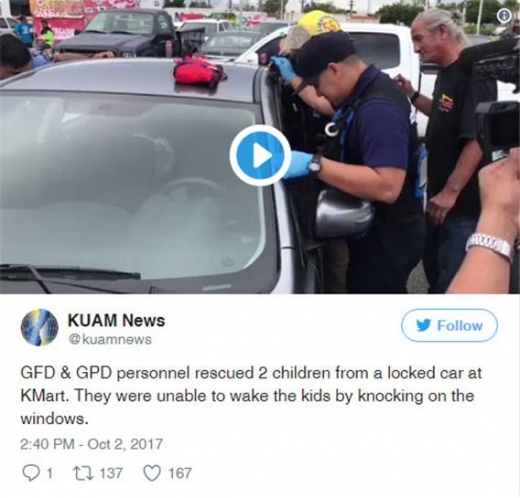 괌 판사부부의 아동 차량 방치 사건을 보도한 KUAM 뉴스의 트위터./사진= KUAM 뉴스 트위터 캡쳐
