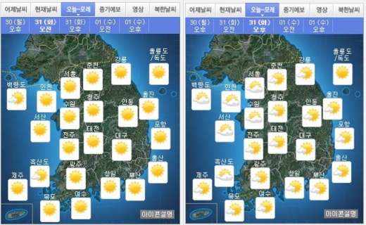 오늘(31일) 오전·오후 날씨. /자료=기상청