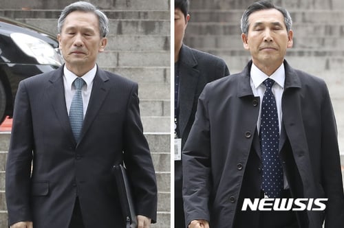 군 사이버사령부의 온라인 여론조작에 관여한 혐의를 받는 김관진(왼쪽) 전 국방부 장관과 임관빈 전 국방부 정책 실장이 10일 오전 서울 서초구 서울중앙지법으로 영장실질심사를 받기 위해 각각 출석하고 있다. /사진=뉴시스