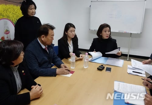 자유한국당 나경원·신보라 의원이 25일 오후 제주지역 고등학생 고 이민호군이 현장실습 도중 사고를 당한 음료제조공장 내부를 시찰한 뒤 공장 회의실에서 고용노동부 및 교육청 관계자에게 사고원인을 묻고 있다. /사진=뉴시스