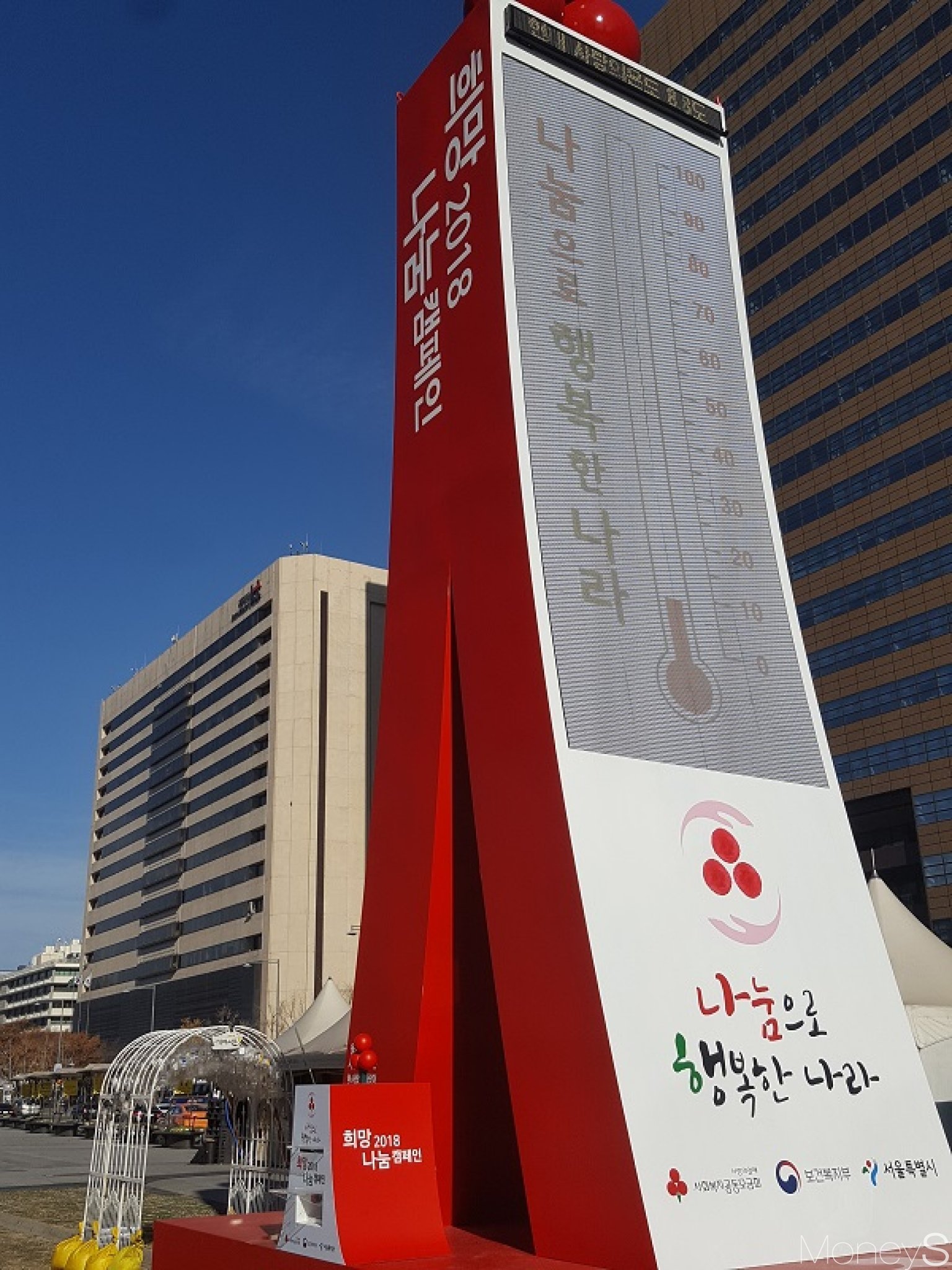 29일 낮 1시 서울 광화문광장에 '사랑의 온도탑'이 서있다. 현재 사랑의 온도는 8.8도를 기록하고 있다. /사진=서대웅 기자