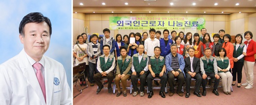 제16회 한미참의료인상 수상자인 강성웅 교수(왼쪽)와 사랑의교회 의료봉사팀. /사진=한미약품