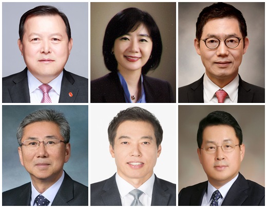왼쪽 위에서부터 시계방향으로 황각규 롯데지주 대표이사 부회장, 선우영 롭스 대표이사 상무, 김현수 롯데손해보험 대표이사 사장, 조현철 롯데알미늄 대표이사 전무, 이완신 롯데홈쇼핑 대표이사 부사장, 박송완 롯데캐피탈 대표이사 부사장. /사진=롯데그룹