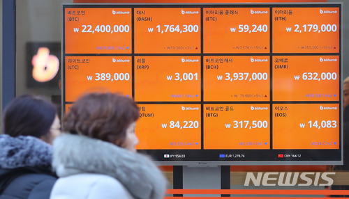 지난 10일 오후 서울 중구의 한 가상화폐 거래소 전광판에 표시된 비트코인 가격이 하락세를 보이고 있다./사진=뉴시스