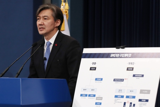 조국 청와대 민정수석이 14일 오후 청와대 춘추관에서 국정원과 검찰, 경찰 등 권력기관에 대한 개혁 방안을 발표하고 있다. (사진=뉴스1)