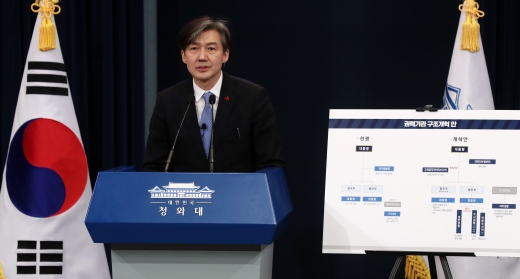 조국 청와대 민정수석이 14일 오후 청와대 춘추관에서 국정원과 검찰, 경찰 등 권력기관에 대한 개혁 방안을 발표하고 있다.(사진=뉴스1)